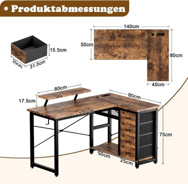 Кутовий стіл Devoko з 4 висувними ящиками з тканини, 2 розетками та 2 USB-портами, для дому та офісу, ігор, білий, 140x80 см