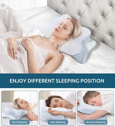 Подушка для шиї, подушка з піною з пам'яті, ергономічна подушка для шиї, подушка для тих, хто спить на боці, на спині та животі, сіро-білий колір (блакитний), 70 x 42 x 14 см