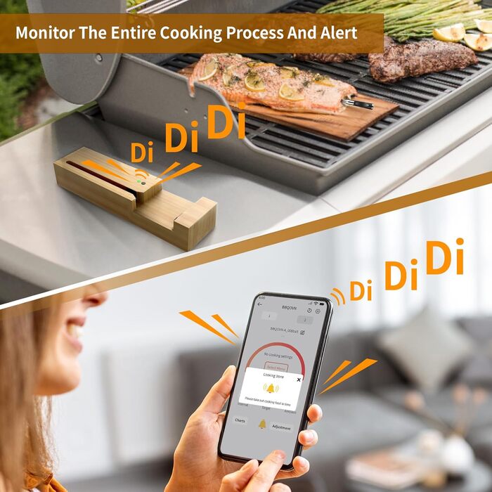 Бездротовий термометр для м'яса з Bluetooth для гриля, духовки, фритюрниці, гриля, коптильні, ротатерії, точність ±1°C, миттєвий показник 2С, керування через додаток, перемикання між режимами
