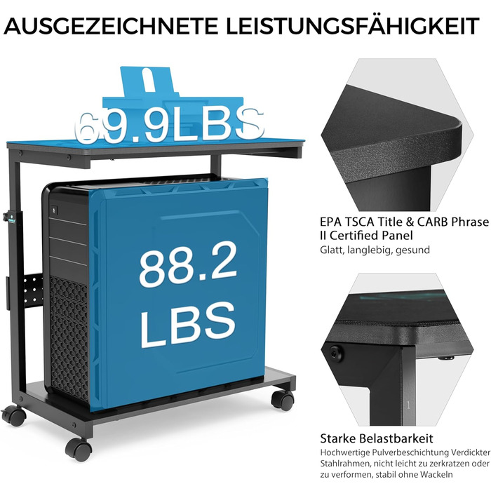 Підставка для комп'ютера EUREKA ERGONOMIC, регульована по висоті, ATX, для CPU, під стіл, з коліщатками, з підкладкою під мишу, чорна