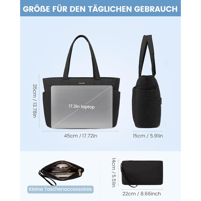 Сумка для ноутбука LOVEVOOK 15.6 дюймів, жіноча: шопер, велика робоча сумка, для навчання, офісу, школи (17.3 дюйми, чорна)