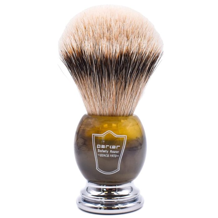 Безпечна бритва Parker 100 Silvertip Badger Bristle Щітка для гоління зі штучною ручкою рогу - Щітки в комплекті Підставка