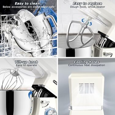 Кухонна машина Cheflee 2000W: потужна планетарна міксер для тіста та збивання, 6 швидкостей, 7.2 л чаша з нержавіючої сталі, гак для тіста та вінчик, захист від бризок (Cream White)