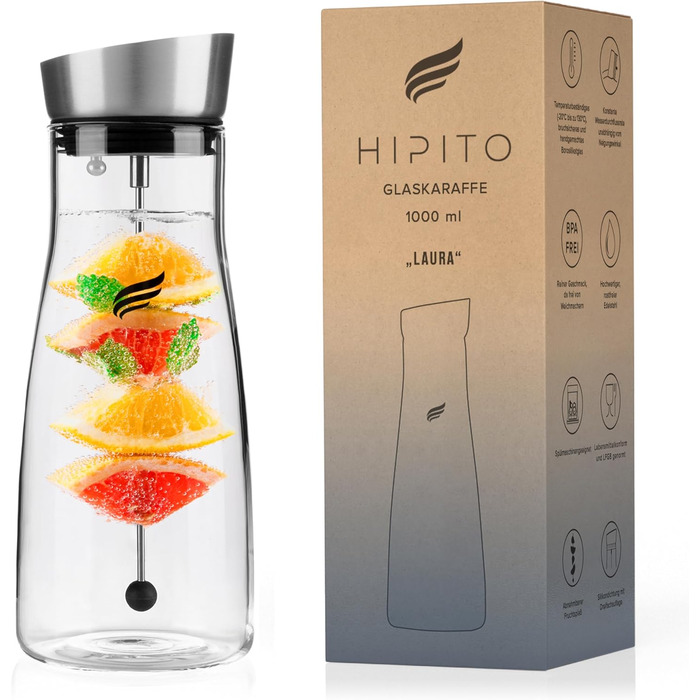 Скляна джезва 1.0л Laura - Преміум глечик для води з кришкою з нержавіючої сталі та вставкою для фруктів з термостійкого боросилікатного скла