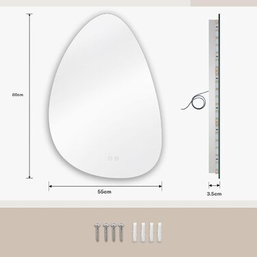 Дзеркало для ванної кімнати Dripex LED з підсвічуванням, сенсорне керування, регулювання яскравості, 3 кольори світла, без запотівання, 85x52 см