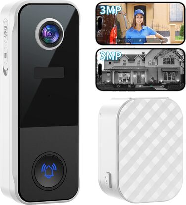Відеодзвінок Ankway з камерою 3MP, Wi-Fi, акумулятор 5200mAh, двосторонній аудіо, розпізнавання людей, нічне бачення, водонепроникність, сповіщення, сумісність з Alexa