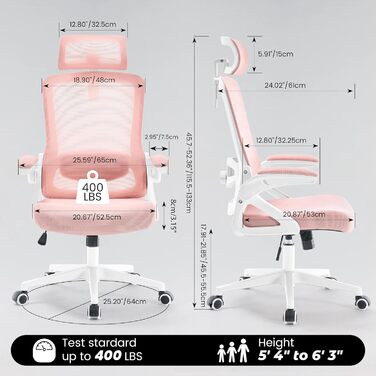 Ергономічне крісло для офісу Fizzin, комп'ютерне крісло з регульованою поперековою підтримкою, дихаюча сітчаста спинка, посилене сидіння, зручне крісло для дому та офісу (рожеве)