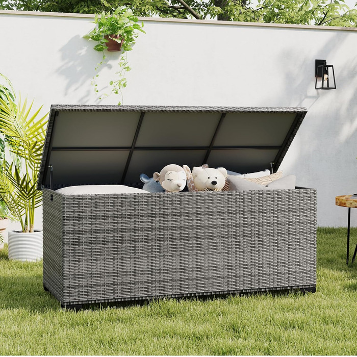 Водонепроникний садовий ящик Amopatio Gartenbox 650л з поліротангу, сірий. Ящик для подушок, металева коробка для зберігання з газліфтами для саду, балкону