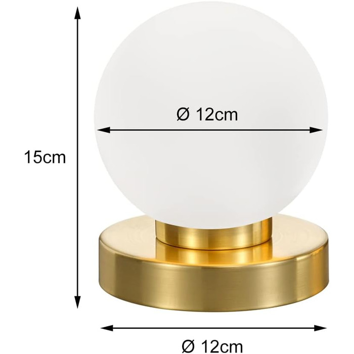 Невелика сенсорна настільна лампа висотою 15 см, скляна куля білого кольору, основа срібляста (настільна лампа латунь, скло біле)