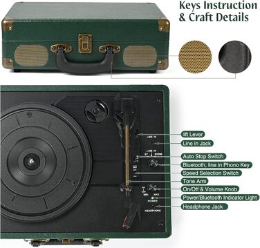 Вініловий програвач 3-швидкісний 33/45/78 об/хв Bluetooth, портативний у валізі, ремінний привід, вбудовані динаміки, RCA, AUX, вихід на навушники, вінтажний (зелений)