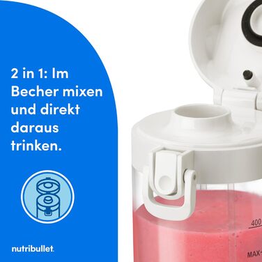 Ручний портативний блендер Nutribullet 475 мл, USB-C, 15 циклів, без бісфенолу А, NBP003PU, білий