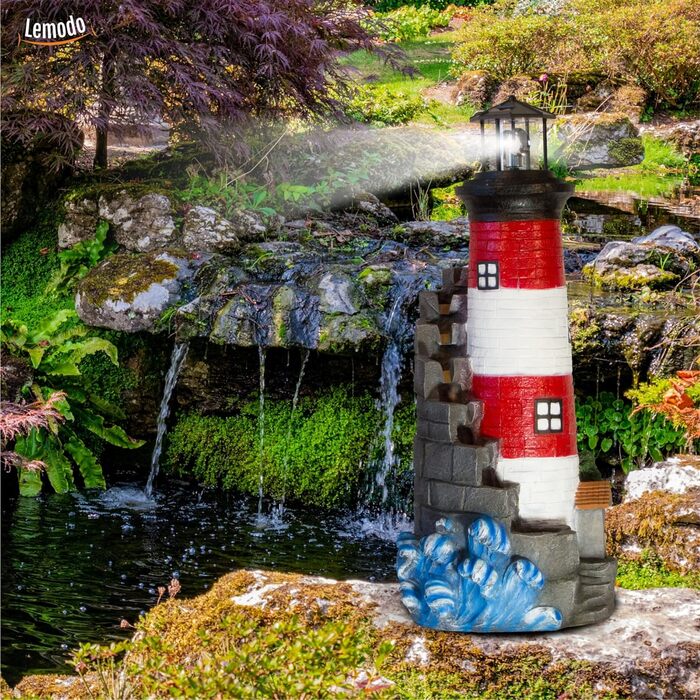 Садовий фонтан-маяк з хвилями декоративний фонтан з обертовим маяком на сонячних батареях відкритий фонтан з бічним потоком води та світлодіодним освітленням Різнокольоровий