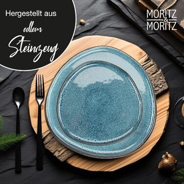 Moritz & Moritz ORGANIC Набір посуду 18 предметів на 6 осіб, блакитний - Елегантний набір тарілок з високоякісної кераміки (6 великих, 6 десертних, 6 супових)