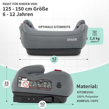 Та Isofix - Дитяче крісло 15-36 кг з підсклянником та накладкою на ремінь - Бустерне сидіння Ідеально підходить для дітей від 15 до 36 кг (Сірий)