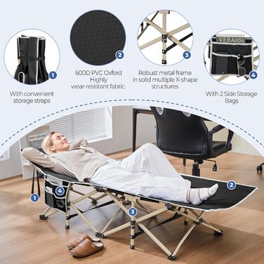 Розкладне ліжко для кемпінгу Yaheetech, похідна шезлонг-ліжка з кишенею та сумкою для транспортування, витримує до 150 кг, чорне