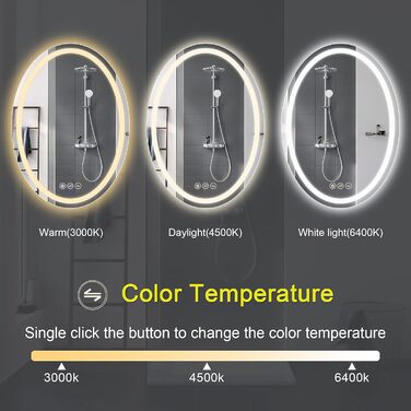 Дзеркало для ванної кімнати Badspiegel Oval з підсвічуванням 50 x 70 см, сенсорне управління, регулювання яскравості, 3 кольори світла, антизапарник, для ванної кімнати, 3000K-6400k