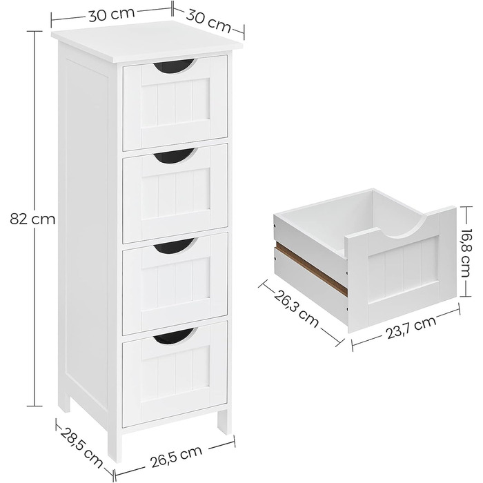 Шафка для ванної кімнати VASAGLE з 4 висувними ящиками, 30 x 30 x 82 см, білий колір, для ванної, вітальні, кухні