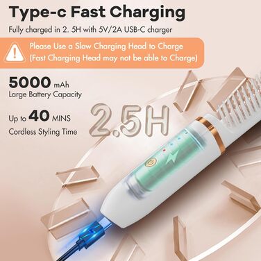 Щітка для випрямлення волосся, щітка для випрямлення волосся 2в1, швидке нагрівання 20 с, 3 температурні режими 160 C-200 C для всіх типів волосся, портативна, швидка зарядка для професійної укладки (білий)