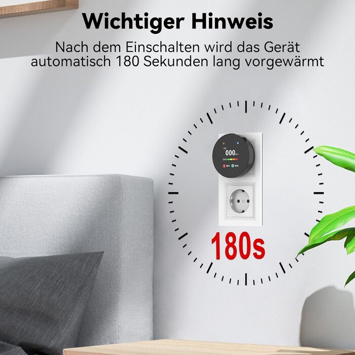 Детектор чадного газу та газу з вилкою, 4-в-1 CO-детектор з датчиком температури та вологості, з акустичним сигналом для дому та автокаравану, 1 шт. (Чорний)