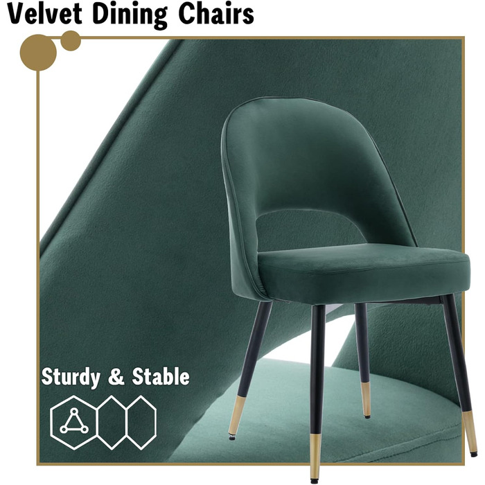 Набір з 2 м'яких крісел з велюру для вітальні та кухні. Сучасний дизайн, без підлокітників, металеві ніжки. 2 шт. (4 шт., зелений)
