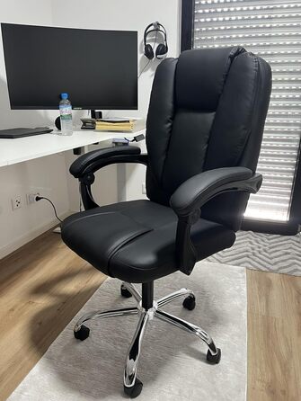 Офісний стіл Naspaulro Ergonomischer Bürostuhl з регульованою висотою та високою спинкою, м'яке сидіння, поворотний крісло з бавовняно-льняної тканини, коліщата, для роботи (чорний, шкіра)