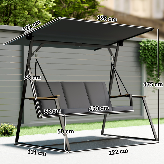 Гойдалка садова для трьох осіб з регульованим дахом, подушками та підставками для напоїв, вантажопідйомність 360 кг, сіра