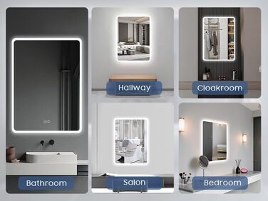 Дзеркало для ванної кімнати Habison з підсвічуванням LED, 50x70 см, сенсорне керування, регулювання кольору світла, пам'ять, протитуманне покриття, матове, без Bluetooth