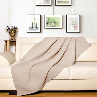 Плед LAYNENBURG Premium 180x220 см - вафельна тканина, 100% бавовна. Легкий плед з вафельною текстурою для ліжка, дивана, софи. Колір: бежевий