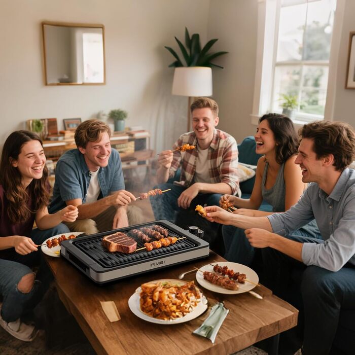 Електричний гриль FIMEI для столу 1800W з антипригарним покриттям, регулюванням температури, для балкону, дому та вулиці, з піддоном для збору жиру (можна мити в посудомийній машині)