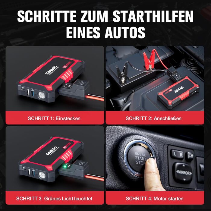 Powerbank Starthilfe GOOLOO GP2000 для автомобіля: 2000A, 12V, до 8.0L бензин/6.0L дизель, USB-швидка зарядка, LED, стартові кабелі