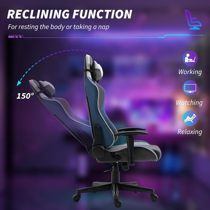 Крісло ігрове Vinsetto Ergonomic з регулюванням висоти, підголівником та поперековою підтримкою, блакитне