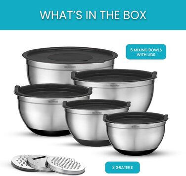 Набір місок для перемішування з кришками 5 шт. - міски для зберігання з герметичними кришками та тертками - містки з нержавіючої сталі з неслизьким покриттям для випічки, зберігання продуктів та приготування (Чорний)