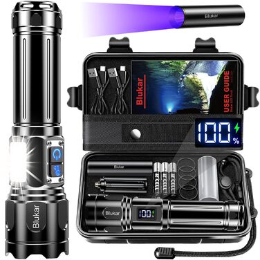 Ліхтар Blukar LED з двома температурами світла, бічним COB-підсвічуванням, регулюванням яскравості та зумом, акумуляторний, водонепроникний, 7 режимів, чорний