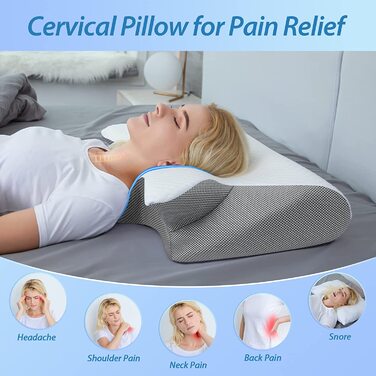 Ортопедична подушка HOMCA 2 в 1 з memory foam для сну на спині, боці та животі, 60x40x12/14 см, сіра