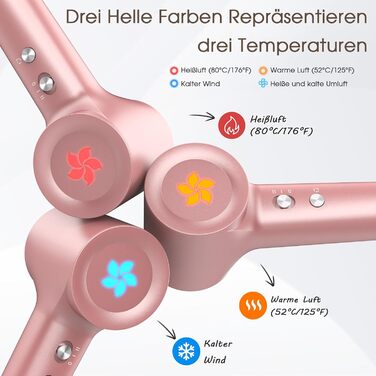 Професійний фен для волосся з дифузором та плазмою (400 млн іонів), безщітковий мотор 110 000 об/хв, низький рівень шуму 57дБ, Rose Gold