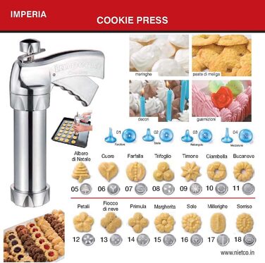Металевий кондитерський прес IMPERIA з 14 металевими матрицями для різних форм печива, 4 насадками для гарніру і насадками для наповнення і формування.