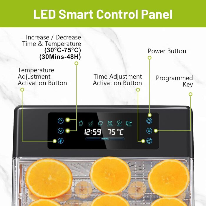 Дегідратор Reemix, 8 полиць, LED-дисплей (30-75C), 600 Вт, таймер на 48 годин, сушарка для фруктів, брошура з рецептами, можна мити в посудомийній машині