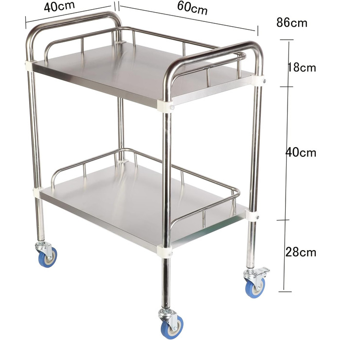 Візок для сервірування Lesolar з нержавіючої сталі 2 полиці, 4 фіксовані ролики з твердої гуми на 360, 400x600x860 мм, кухонний/лабораторний візок