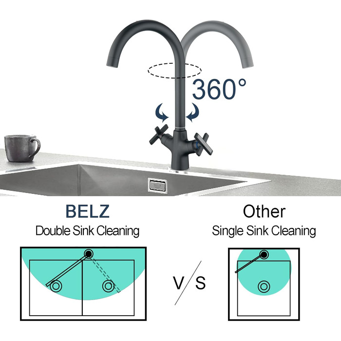Змішувач для кухні BELZ, подвійна ручка, обертається на 360, латунь хром, чорний