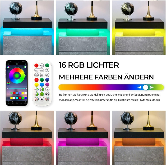 Cubehom LED тумба з дерева з 2 шухлядами, підсвічуванням, сіро-чорна для спальні та вітальні