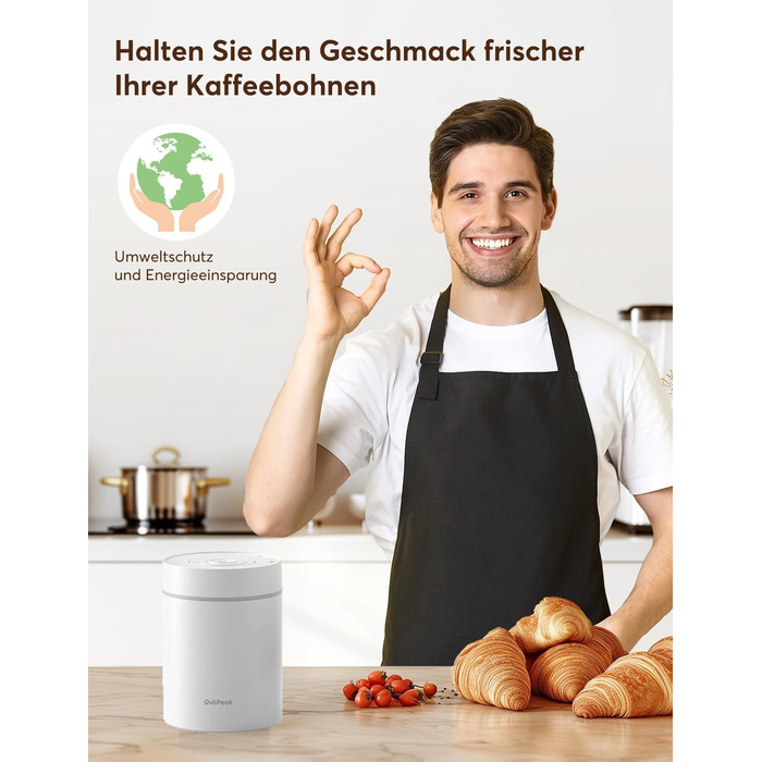 OUTPEAK Neo 2025 Kilo Auto-Vakuum-Kaffeedose: Вакуумний контейнер для кави OUTPEAK Neo 2025 Kilo, 1,5 л (500 г кавових зерен), з автоматичним вакуумуванням, нержавіюча сталь, для бариста, подарунок (великий, матовий чорний)