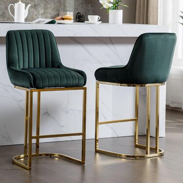 Набір з 2 барних стільців з велюру з золотистими ніжками, з підлокітниками та спинкою для кухонного острова/домашнього бару (зелений)