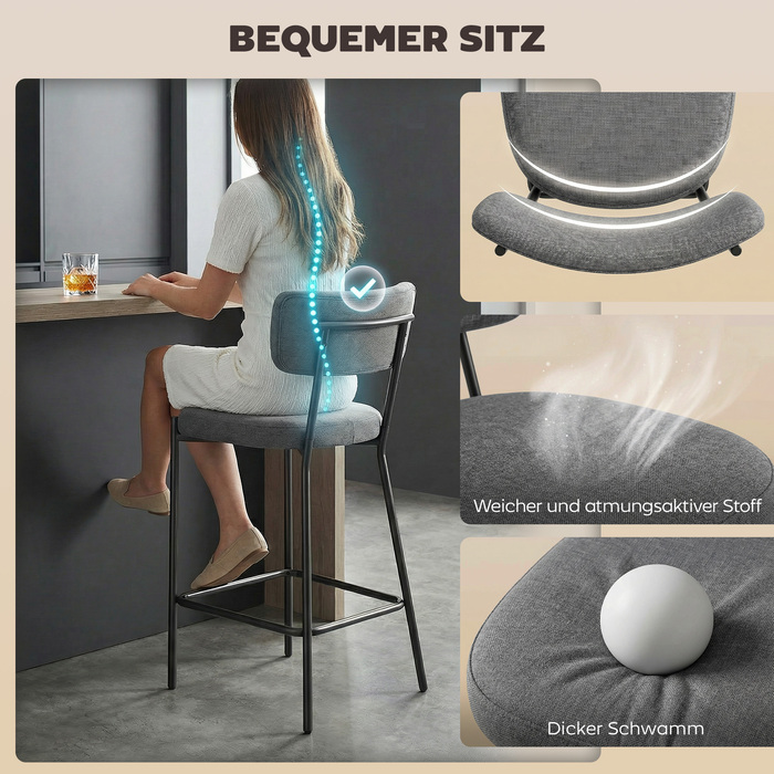 Набір з двох барних стільців, м'які барні стільці з вигнутою спинкою, для кухонного острова, зони сніданків, сірого кольору.