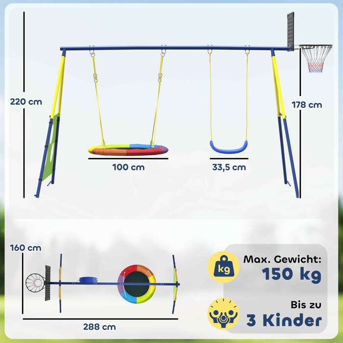 Комплект гойдалок 4-в-1 для дітей до 150 кг з сітчастою гойдалкою, баскетбольним кільцем, футбольними воротами та гойдалкою-качелюшкою. Розміри: 288 x 160 x 220 см.