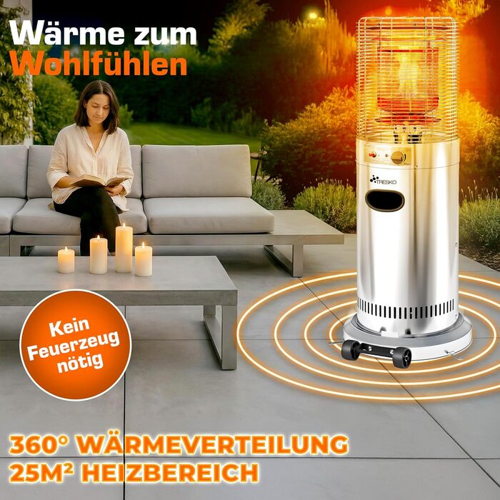 Газовий обігрівач TRESKO® 11 кВт на колесах | Обігрівач для тераси, балкона та саду | Газовий нагрівач-гриб з шлангом та регулятором (сріблястий)