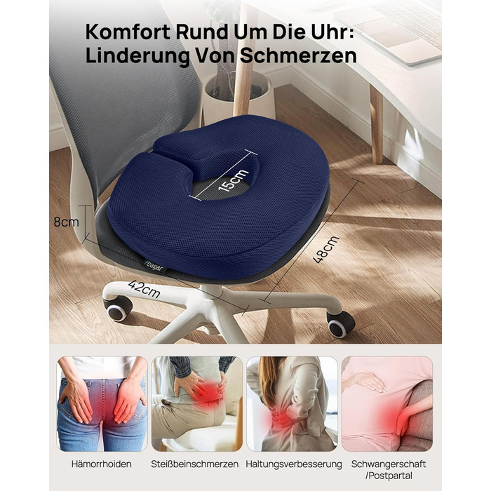 Ортопедична подушка-кільце Feagar: ергономічний сидіння-пончик для копчика, геморой та ішіасу, посилена (90-140 кг), темно-синя