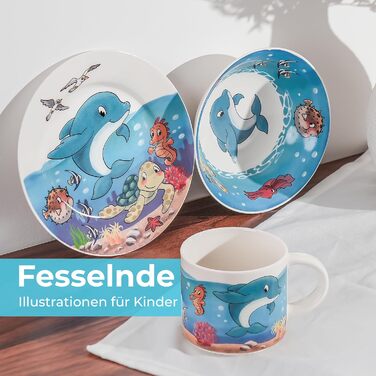 MIAMIO Набір дитячого посуду 3 шт. з порцеляни (Тарілка, Миска, Чашка) - Океан