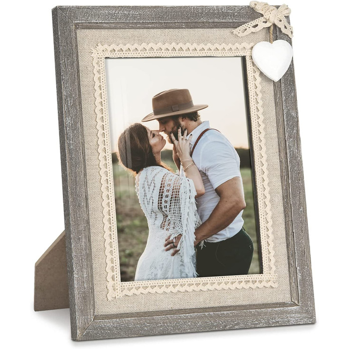 Дерев'яна рамка для фотографій Afuly 13x18, вінтажна коричнева потерта рамка для фотографій з масиву дерева в сільському стилі з білим сердечком, прикраса для весілля, подарунок мамі на любов (10x15 см)