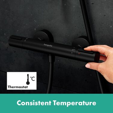 Змішувач для ванної Hansgrohe Ecostat Element накладний з термостатом (SafetyStop 40°C) для 2 споживачів (13347000), матовий чорний, комплект з водозберігаючим душем та штангою 90см