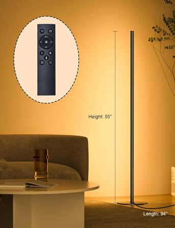 LED торшер для вітальні, білий з пультом ДУ, RGB 16 млн кольорів, синхронізація з музикою, 140 см, кутова лампа для ТБ, спальні, ігрової кімнати